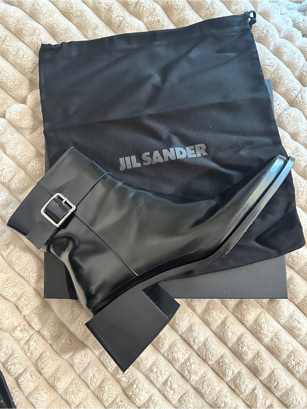 Jil Sander Antik black leather ankle boot buckle sculptural mod block heel RARE